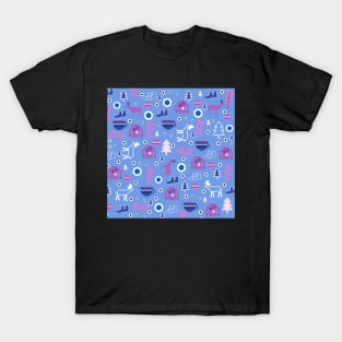 Deer and winter clothing in blue T-Shirt